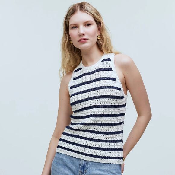 Madewell Crochet-Knit Crewneck‎ Sweater Sleeveless Tank in Striped Sz L NEW - Picture 1 of 12